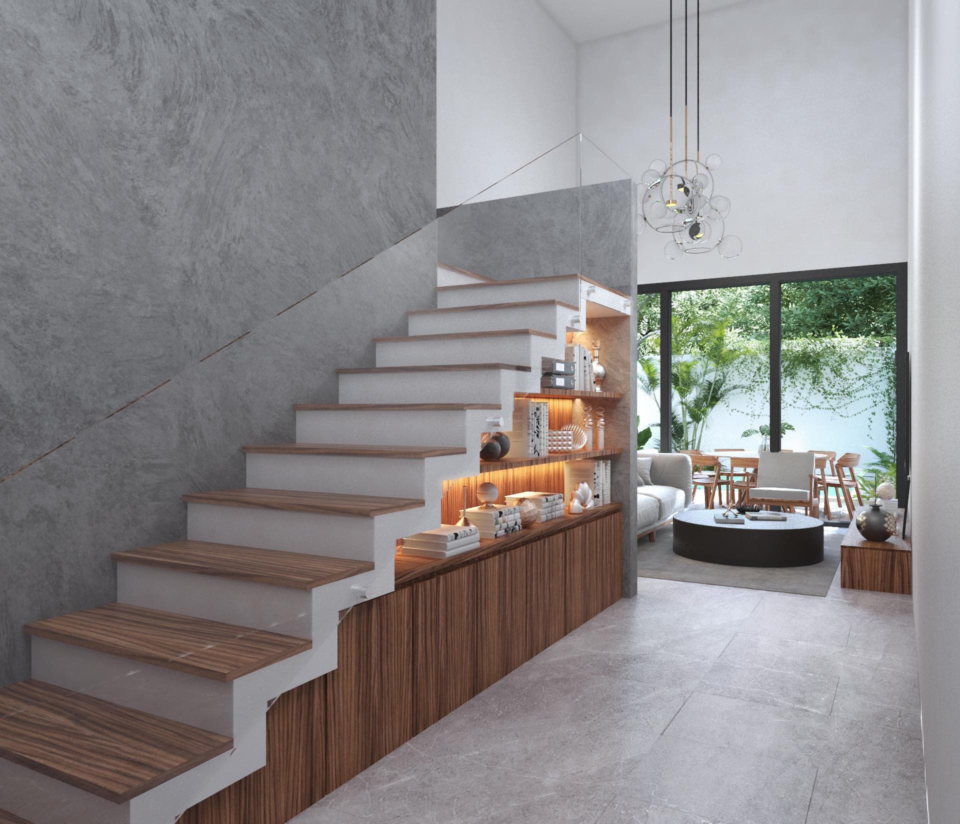 <p class="ql-align-justify"><strong style="color: rgb(31, 56, 100);">PLANTA BAJA:</strong></p><p class="ql-align-justify">· Vestíbulo y sala a doble altura</p><p class="ql-align-justify">· Cocina con barra desayunadora tipo isla con mesetas en granito más área de alacena.</p><p class="ql-align-justify">· Sala y comedor con vista doble al jardín.</p><p class="ql-align-justify">· Medio baño para visitas.</p><p class="ql-align-justify">· Amplia terraza.</p><p class="ql-align-justify">· Área de servicio.</p><p class="ql-align-justify">· Piscina de 4x3m iluminada. </p><p class="ql-align-justify">· Cochera techada para dos vehículos con piso de concreto estampado.</p><p class="ql-align-justify">· Acceso peatonal techado.</p><p class="ql-align-justify">· Área para jardín frontal.</p><p class="ql-align-justify">· Generoso jardín trasero.</p><p class="ql-align-justify"><br></p><p class="ql-align-justify"><strong style="color: rgb(31, 56, 100);">PLANTA ALTA:</strong></p><p class="ql-align-justify"><br></p><p class="ql-align-justify">· Recámara principal con vistas al jardín, con closet vestidor, amplio baño.</p><p class="ql-align-justify">· Recámara secundaria con closet y baño completo.</p><p class="ql-align-justify"><br></p><p class="ql-align-justify"><strong><em><u>Nota:</u></em></strong> Cocina completa (Paneles Inferiores y Superiores), Closets en las habitaciones, tres muebles de Baño, librero debajo escalera y closets de blancos.</p>